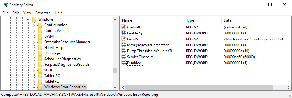 Windows Error Reporting in RegEdit