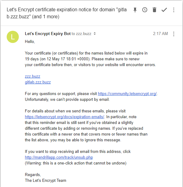 Let's Encrypt certificate expiration notice
