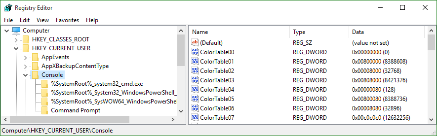 Registry Editor - HKEY_CURRENT_USER\Console