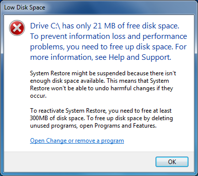 Low disk space error