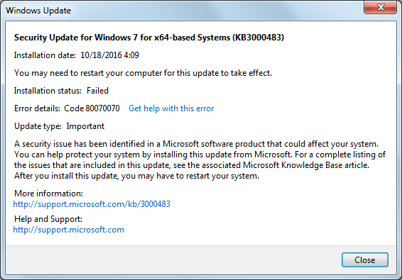 Windows Update Error Code 80070070