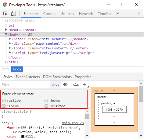 Force element state - Dev Tools - Google Chrome