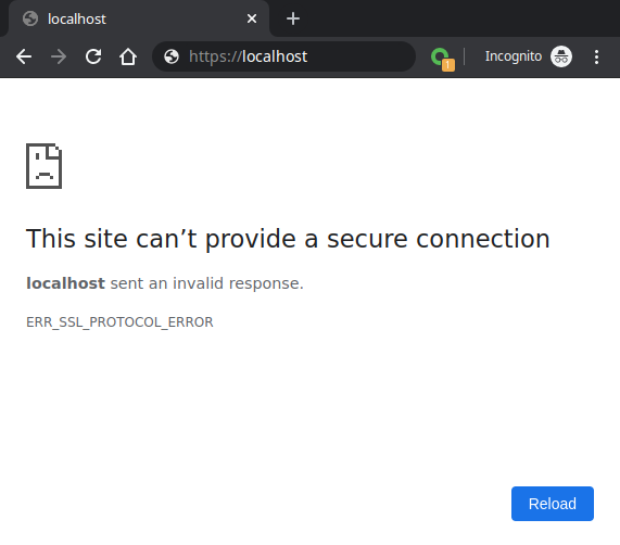 This site can’t provide a secure connection. localhost sent an invalid response.
ERR_SSL_PROTOCOL_ERROR